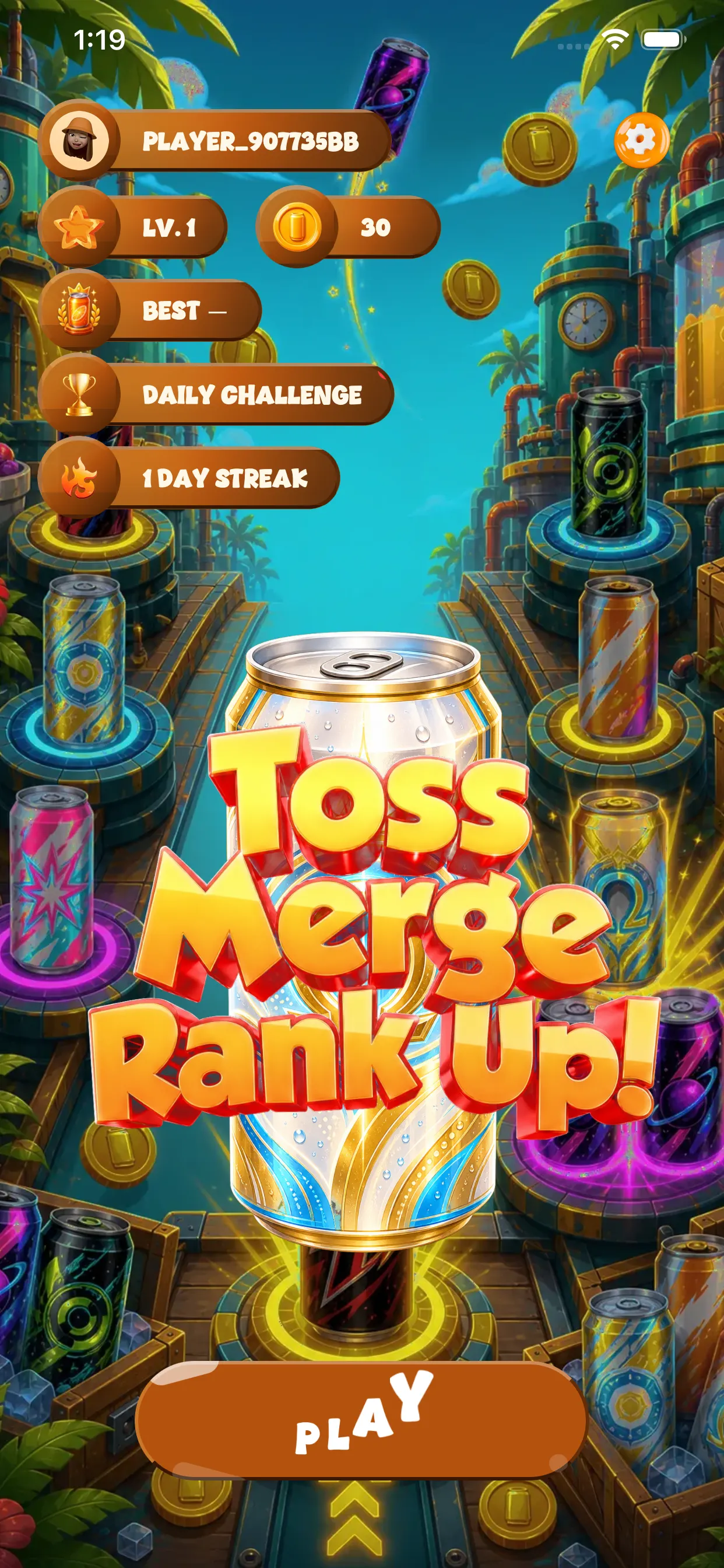 MerjUp home screen showing game modes and player progress